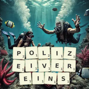 Kreative Illustration für ein Scrabble-Spiel, bei dem das Wort POLIZEIVEREINS mit Steinen auf dem Brett gelegt wurde.