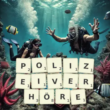 Kreative Illustration für ein Scrabble-Spiel, bei dem das Wort POLIZEIVERHÖRE mit Steinen auf dem Brett gelegt wurde.