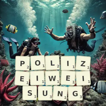 Kreative Illustration für ein Scrabble-Spiel, bei dem das Wort POLIZEIWEISUNG mit Steinen auf dem Brett gelegt wurde.