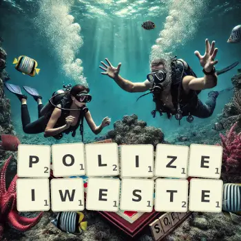 Kreative Illustration für ein Scrabble-Spiel, bei dem das Wort POLIZEIWESTE mit Steinen auf dem Brett gelegt wurde.