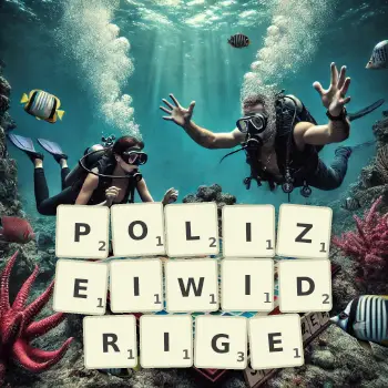Kreative Illustration für ein Scrabble-Spiel, bei dem das Wort POLIZEIWIDRIGE mit Steinen auf dem Brett gelegt wurde.