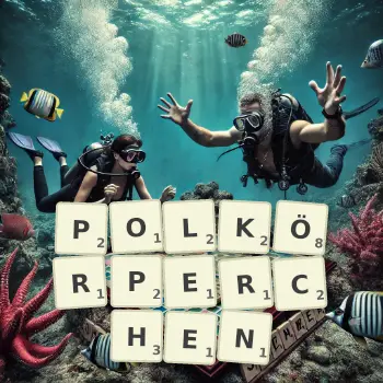 Kreative Illustration für ein Scrabble-Spiel, bei dem das Wort POLKÖRPERCHEN mit Steinen auf dem Brett gelegt wurde.