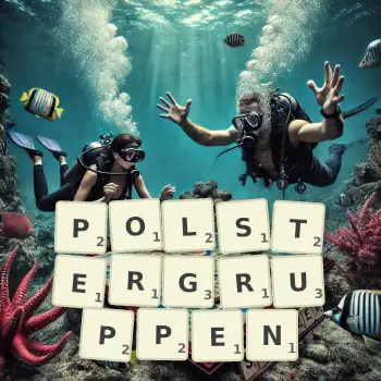 Kreative Illustration für ein Scrabble-Spiel, bei dem das Wort POLSTERGRUPPEN mit Steinen auf dem Brett gelegt wurde.
