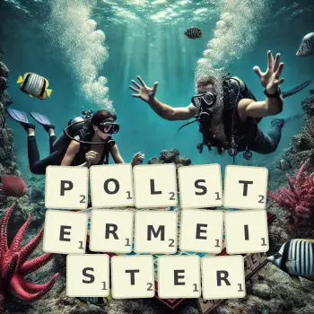Kreative Illustration für ein Scrabble-Spiel, bei dem das Wort POLSTERMEISTER mit Steinen auf dem Brett gelegt wurde.