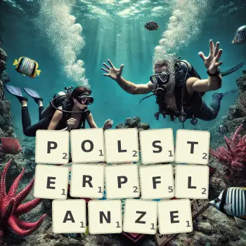 Kreative Illustration für ein Scrabble-Spiel, bei dem das Wort POLSTERPFLANZE mit Steinen auf dem Brett gelegt wurde.