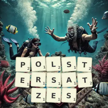 Kreative Illustration für ein Scrabble-Spiel, bei dem das Wort POLSTERSATZES mit Steinen auf dem Brett gelegt wurde.