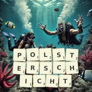 Kreative Illustration für ein Scrabble-Spiel, bei dem das Wort POLSTERSCHICHT mit Steinen auf dem Brett gelegt wurde.