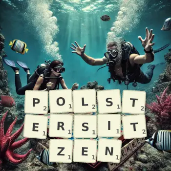 Kreative Illustration für ein Scrabble-Spiel, bei dem das Wort POLSTERSITZEN mit Steinen auf dem Brett gelegt wurde.