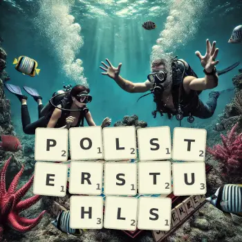 Kreative Illustration für ein Scrabble-Spiel, bei dem das Wort POLSTERSTUHLS mit Steinen auf dem Brett gelegt wurde.