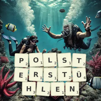 Kreative Illustration für ein Scrabble-Spiel, bei dem das Wort POLSTERSTÜHLEN mit Steinen auf dem Brett gelegt wurde.