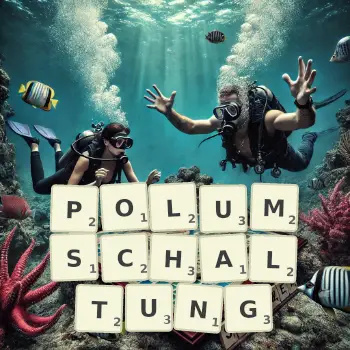 Kreative Illustration für ein Scrabble-Spiel, bei dem das Wort POLUMSCHALTUNG mit Steinen auf dem Brett gelegt wurde.