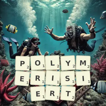 Kreative Illustration für ein Scrabble-Spiel, bei dem das Wort POLYMERISIERT mit Steinen auf dem Brett gelegt wurde.