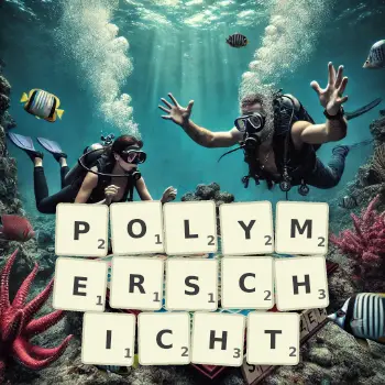 Kreative Illustration für ein Scrabble-Spiel, bei dem das Wort POLYMERSCHICHT mit Steinen auf dem Brett gelegt wurde.