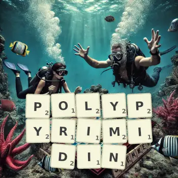 Kreative Illustration für ein Scrabble-Spiel, bei dem das Wort POLYPYRIMIDIN mit Steinen auf dem Brett gelegt wurde.