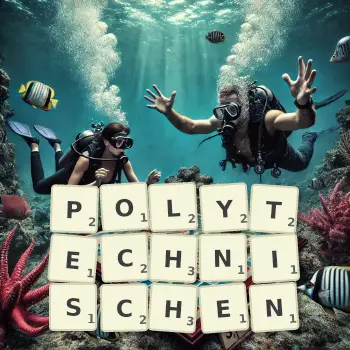 Kreative Illustration für ein Scrabble-Spiel, bei dem das Wort POLYTECHNISCHEN mit Steinen auf dem Brett gelegt wurde.