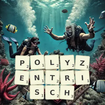 Kreative Illustration für ein Scrabble-Spiel, bei dem das Wort POLYZENTRISCH mit Steinen auf dem Brett gelegt wurde.