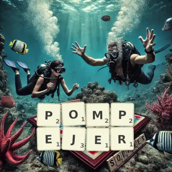 Kreative Illustration für ein Scrabble-Spiel, bei dem das Wort POMPEJER mit Steinen auf dem Brett gelegt wurde.