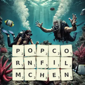 Kreative Illustration für ein Scrabble-Spiel, bei dem das Wort POPCORNFILMCHEN mit Steinen auf dem Brett gelegt wurde.