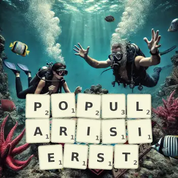Kreative Illustration für ein Scrabble-Spiel, bei dem das Wort POPULARISIERST mit Steinen auf dem Brett gelegt wurde.