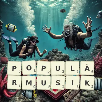 Kreative Illustration für ein Scrabble-Spiel, bei dem das Wort POPULÄRMUSIK mit Steinen auf dem Brett gelegt wurde.