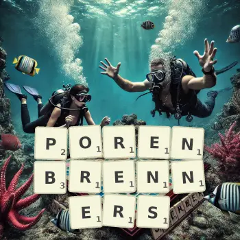 Kreative Illustration für ein Scrabble-Spiel, bei dem das Wort PORENBRENNERS mit Steinen auf dem Brett gelegt wurde.
