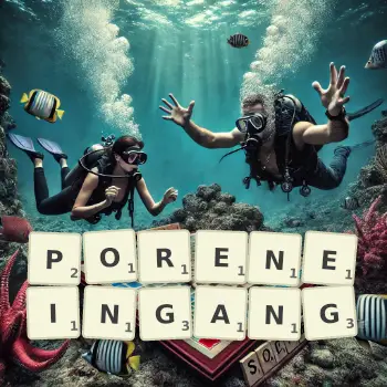 Kreative Illustration für ein Scrabble-Spiel, bei dem das Wort PORENEINGANG mit Steinen auf dem Brett gelegt wurde.