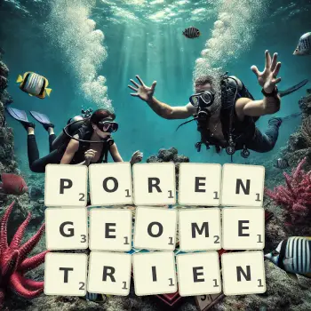Kreative Illustration für ein Scrabble-Spiel, bei dem das Wort PORENGEOMETRIEN mit Steinen auf dem Brett gelegt wurde.