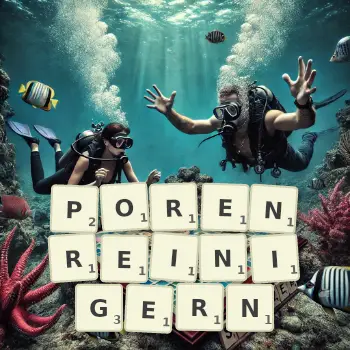 Kreative Illustration für ein Scrabble-Spiel, bei dem das Wort PORENREINIGERN mit Steinen auf dem Brett gelegt wurde.