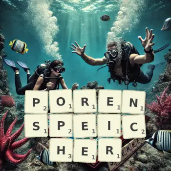 Kreative Illustration für ein Scrabble-Spiel, bei dem das Wort PORENSPEICHER mit Steinen auf dem Brett gelegt wurde.