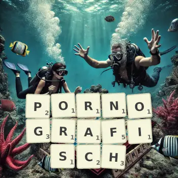 Kreative Illustration für ein Scrabble-Spiel, bei dem das Wort PORNOGRAFISCH mit Steinen auf dem Brett gelegt wurde.