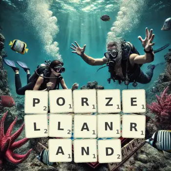 Kreative Illustration für ein Scrabble-Spiel, bei dem das Wort PORZELLANRAND mit Steinen auf dem Brett gelegt wurde.
