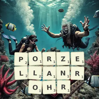 Kreative Illustration für ein Scrabble-Spiel, bei dem das Wort PORZELLANROHR mit Steinen auf dem Brett gelegt wurde.