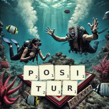 Kreative Illustration für ein Scrabble-Spiel, bei dem das Wort POSITUR mit Steinen auf dem Brett gelegt wurde.