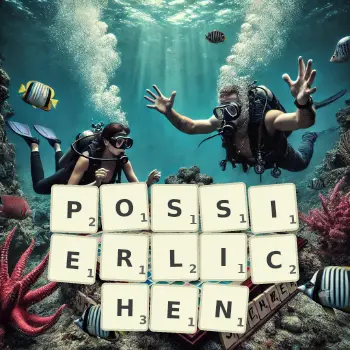 Kreative Illustration für ein Scrabble-Spiel, bei dem das Wort POSSIERLICHEN mit Steinen auf dem Brett gelegt wurde.