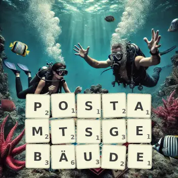 Kreative Illustration für ein Scrabble-Spiel, bei dem das Wort POSTAMTSGEBÄUDE mit Steinen auf dem Brett gelegt wurde.