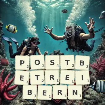 Kreative Illustration für ein Scrabble-Spiel, bei dem das Wort POSTBETREIBERN mit Steinen auf dem Brett gelegt wurde.