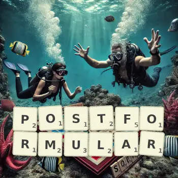 Kreative Illustration für ein Scrabble-Spiel, bei dem das Wort POSTFORMULAR mit Steinen auf dem Brett gelegt wurde.