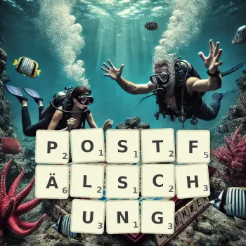 Kreative Illustration für ein Scrabble-Spiel, bei dem das Wort POSTFÄLSCHUNG mit Steinen auf dem Brett gelegt wurde.
