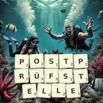 Kreative Illustration für ein Scrabble-Spiel, bei dem das Wort POSTPRÜFSTELLE mit Steinen auf dem Brett gelegt wurde.