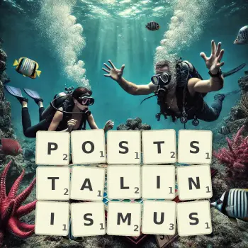 Kreative Illustration für ein Scrabble-Spiel, bei dem das Wort POSTSTALINISMUS mit Steinen auf dem Brett gelegt wurde.