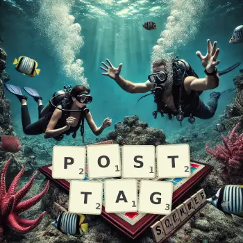 Kreative Illustration für ein Scrabble-Spiel, bei dem das Wort POSTTAG mit Steinen auf dem Brett gelegt wurde.