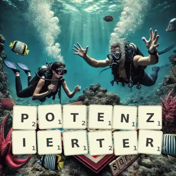 Kreative Illustration für ein Scrabble-Spiel, bei dem das Wort POTENZIERTER mit Steinen auf dem Brett gelegt wurde.