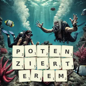 Kreative Illustration für ein Scrabble-Spiel, bei dem das Wort POTENZIERTEREM mit Steinen auf dem Brett gelegt wurde.