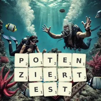 Kreative Illustration für ein Scrabble-Spiel, bei dem das Wort POTENZIERTEST mit Steinen auf dem Brett gelegt wurde.