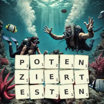 Kreative Illustration für ein Scrabble-Spiel, bei dem das Wort POTENZIERTESTEN mit Steinen auf dem Brett gelegt wurde.