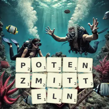 Kreative Illustration für ein Scrabble-Spiel, bei dem das Wort POTENZMITTELN mit Steinen auf dem Brett gelegt wurde.