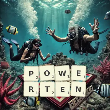 Kreative Illustration für ein Scrabble-Spiel, bei dem das Wort POWERTEN mit Steinen auf dem Brett gelegt wurde.