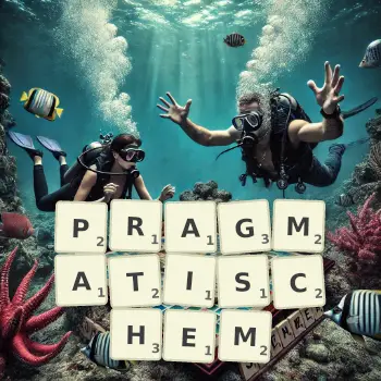 Kreative Illustration für ein Scrabble-Spiel, bei dem das Wort PRAGMATISCHEM mit Steinen auf dem Brett gelegt wurde.