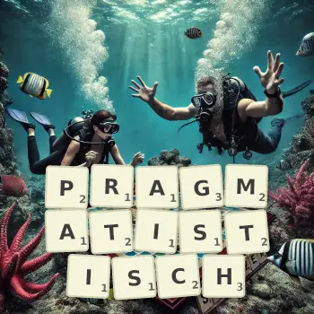 Kreative Illustration für ein Scrabble-Spiel, bei dem das Wort PRAGMATISTISCH mit Steinen auf dem Brett gelegt wurde.