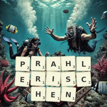 Kreative Illustration für ein Scrabble-Spiel, bei dem das Wort PRAHLERISCHEN mit Steinen auf dem Brett gelegt wurde.